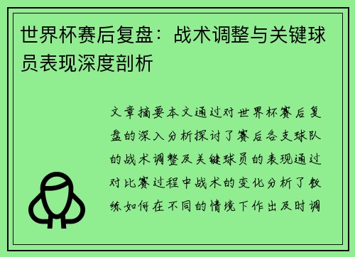 世界杯赛后复盘：战术调整与关键球员表现深度剖析